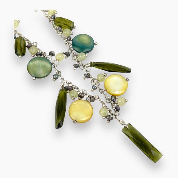 Lia Sophia Sea Grass Necklace Mother Of Pearl Discs Dangling Green White Beads - Picture 3 of 8